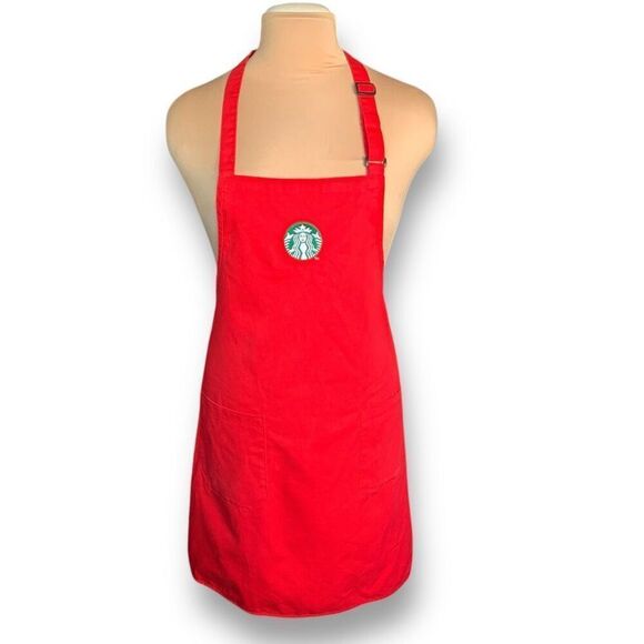 Starbucks Christmas Red Barista Full Apron Green Embroidered Logo Tie Back - Picture 15 of 15